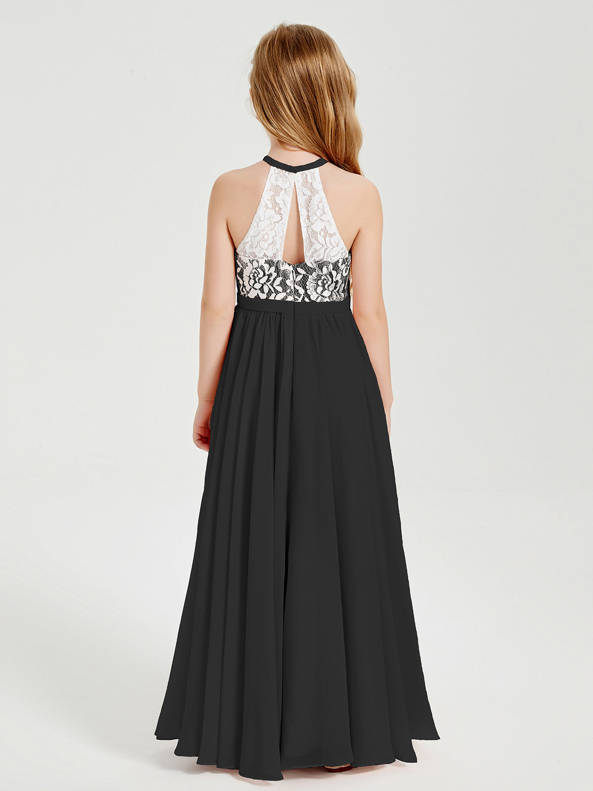 Lace Top Long Chiffon Bridesmaid Dresses Black